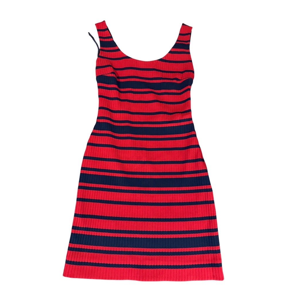 Prada Milano Red Navy Blue Striped Ribbed Knit Sleeveless Sheath Dress Size XS